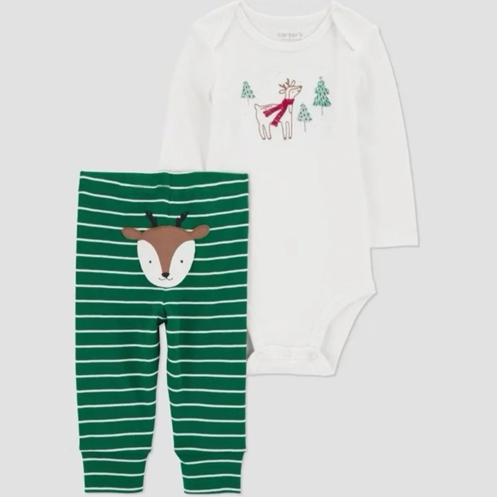 Carter's nwt Baby Christmas 2pc Striped Reindeer Top & Bottom Set - Green